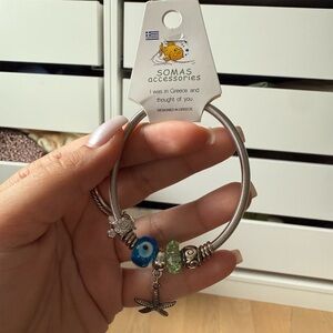 Silver Charm Bracelet with Blue Evil Eye and Green Glass Beads